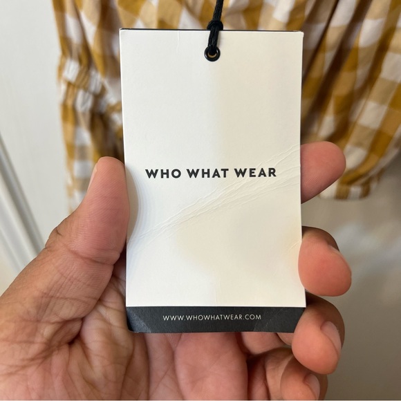 Who What Wear Midi One-Shoulder Dress - Mustard Gingham Puff Short Sleeve Cotton - Picture 6 of 8